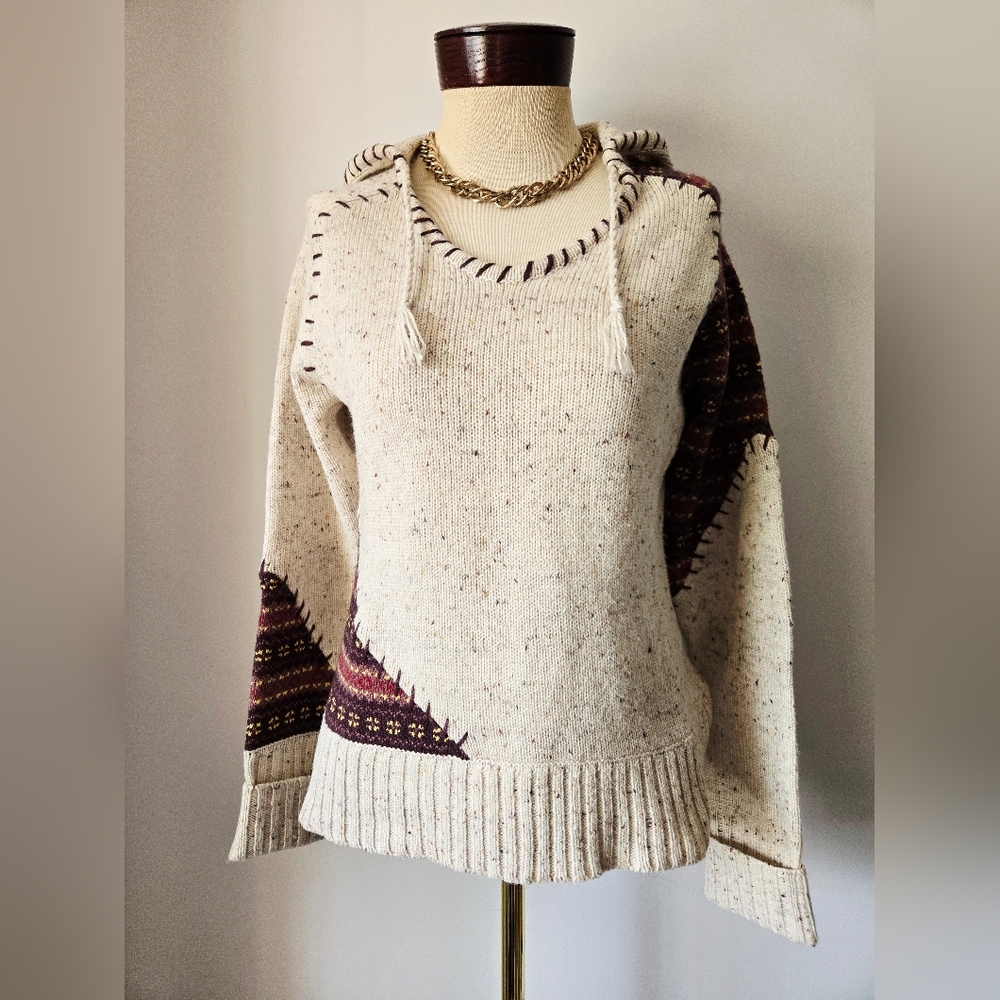POWDER ROOM Knit Cream and Brown Patchwork Stitch Hooded Sweater. Size Large